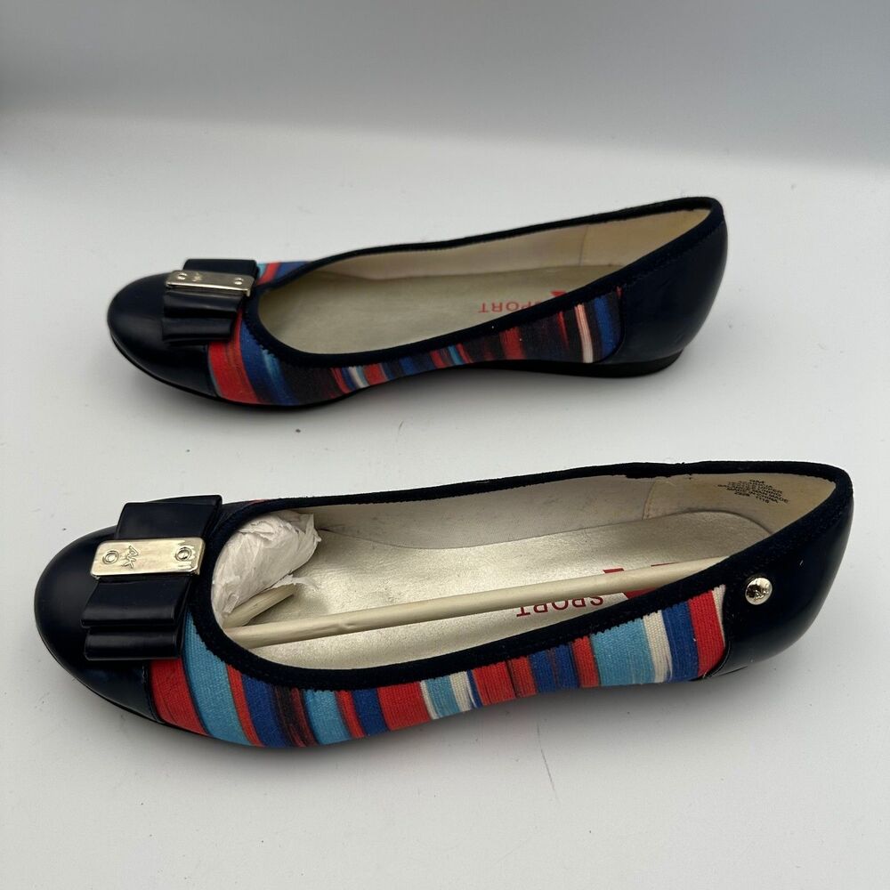 Anne Klein Sport Akaricia Stripe Ballet Flats Womens 9M Navy Red Slip On Shoes